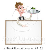 Vector Illustration of a Cartoon Caucasian Male Water with a Curling Mustache, Holding a Gift on a Tray and Pointing down over a White Sign by AtStockIllustration