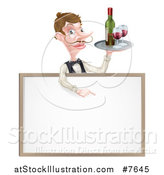 Vector Illustration of a Cartoon Caucasian Male Water with a Curling Mustache, Holding Red Wine on a Tray and Pointing down over a Blank Menu Sign Board by AtStockIllustration