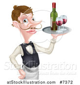 Vector Illustration of a Cartoon Caucasian Male Water with a Curling Mustache, Holding Red Wine on a Tray by AtStockIllustration