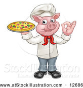 Vector Illustration of a Cartoon Chef Pig Mascot Hand Gesturing Perfect While Holding Fresh Pizza by AtStockIllustration