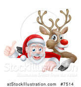 Vector Illustration of a Cartoon Christmas Red Nosed Reindeer and Santa Giving a Thumb up Above a Sign 2 by AtStockIllustration