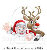 Vector Illustration of a Cartoon Christmas Red Nosed Reindeer and Santa Giving a Thumb up and Waving Above a Sign by AtStockIllustration