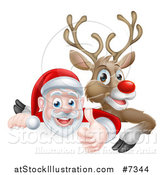 Vector Illustration of a Cartoon Christmas Red Nosed Reindeer and Santa Giving a Thumb up over a Sign by AtStockIllustration