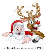 Vector Illustration of a Cartoon Christmas Red Nosed Reindeer and Santa Pointing down Above a Sign by AtStockIllustration