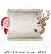 Vector Illustration of a Cartoon Christmas Rudolph the Red Nosed Reindeer and Santa Pointing Around a Blank Scroll Sign by AtStockIllustration