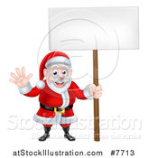 Vector Illustration of a Cartoon Christmas Santa Claus Waving and Holding a Blank Sign by AtStockIllustration