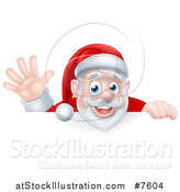 Vector Illustration of a Cartoon Christmas Santa Claus Waving over a Sign by AtStockIllustration