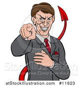 Vector Illustration of a Cartoon Corrupt White Devil Businessman Pointing Outwards, from the Waist up by AtStockIllustration