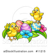 Vector Illustration of a Cartoon Cute Yellow Chicks with Easter Eggs and Flowers by AtStockIllustration