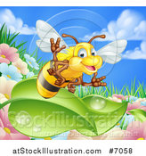 Vector Illustration of a Cartoon Friendly Bee Waving and Flying over Leaves and a Flower Garden by AtStockIllustration