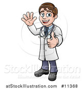 Vector Illustration of a Cartoon Friendly Brunette White Male Doctor Waving and Giving a Thumb up by AtStockIllustration