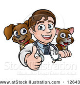 Vector Illustration of a Cartoon Friendly Male Veterinarian Giving a Thumb up over a Sign with a Cat and Dog Behind Him by AtStockIllustration