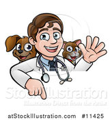 Vector Illustration of a Cartoon Friendly Male Veterinarian Waving and Pointing down over a Sign with a Cat and Dog Behind Him by AtStockIllustration