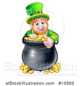 Vector Illustration of a Cartoon Friendly St Patricks Day Leprechaun Giving a Thumb up over a Pot of Gold by AtStockIllustration