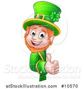 Vector Illustration of a Cartoon Friendly St Patricks Day Leprechaun Holding a Thumb up Around a Sign by AtStockIllustration