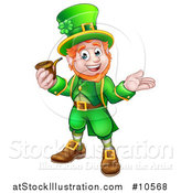 Vector Illustration of a Cartoon Friendly St Patricks Day Leprechaun Presenting and Holding a Pipe by AtStockIllustration