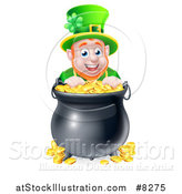 Vector Illustration of a Cartoon Friendly St Patricks Day Leprechaun Smiling over a Pot of Gold by AtStockIllustration