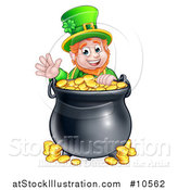 Vector Illustration of a Cartoon Friendly St Patricks Day Leprechaun Waving over a Pot of Gold by AtStockIllustration