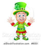 Vector Illustration of a Cartoon Friendly St Patricks Day Leprechaun Waving with Both Hands by AtStockIllustration