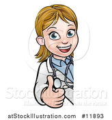 Vector Illustration of a Cartoon Friendly White Female Doctor Giving a Thumb up Around a Sign by AtStockIllustration