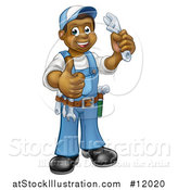 Vector Illustration of a Cartoon Full Length Black Male Plumber Holding an Adjustable Wrench and Giving a Thumb up by AtStockIllustration