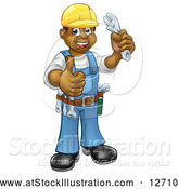 Vector Illustration of a Cartoon Full Length Black Male Plumber Holding an Adjustable Wrench and Giving a Thumb up by AtStockIllustration