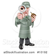 Vector Illustration of a Cartoon Full Length Cartoon Caucasian Male Detective, like Sherlock Homes, Looking Through a Magnifying Glass and Holding a Pipe by AtStockIllustration