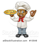 Vector Illustration of a Cartoon Full Length Happy Black Male Chef Gesturing Ok and Holding a Pizza by AtStockIllustration