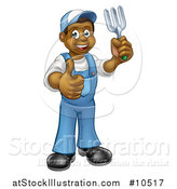 Vector Illustration of a Cartoon Full Length Happy Black Male Gardener in Blue, Holding a Garden Fork and Giving a Thumb up by AtStockIllustration