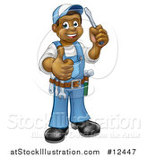 Vector Illustration of a Cartoon Full Length Happy Black Male Handyman Holding a Screwdriver and Giving a Thumb up by AtStockIllustration