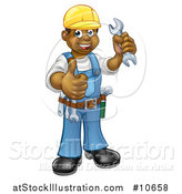 Vector Illustration of a Cartoon Full Length Happy Black Male Mechanic Holding up a Wrench and Giving a Thumb up by AtStockIllustration