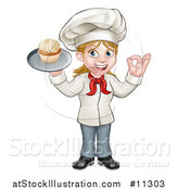 Vector Illustration of a Cartoon Full Length Happy White Female Chef Holding a Cupcake on a Tray and Gesturing Perfect by AtStockIllustration