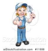 Vector Illustration of a Cartoon Full Length Happy White Female Gardener in Blue, Holding a Garden Trowel and Giving a Thumb up by AtStockIllustration