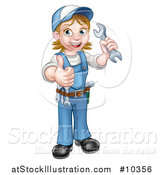 Vector Illustration of a Cartoon Full Length Happy White Female Mechanic Wearing a Hard Hat, Holding a Spanner Wrench and Giving a Thumb up by AtStockIllustration