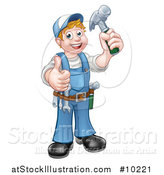 Vector Illustration of a Cartoon Full Length Happy White Male Carpenter Holding a Hammer and Giving a Thumb up by AtStockIllustration