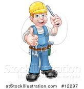 Vector Illustration of a Cartoon Full Length Happy White Male Electrician Holding up a Screwdriver and Thumb by AtStockIllustration