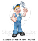 Vector Illustration of a Cartoon Full Length Happy White Male Gardener in Blue, Holding a Garden Trowel and Giving a Thumb up by AtStockIllustration
