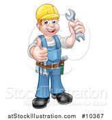 Vector Illustration of a Cartoon Full Length Happy White Male Mechanic Wearing a Hard Hat, Holding a Spanner Wrench and Giving a Thumb up by AtStockIllustration