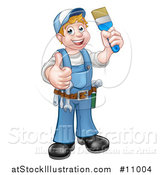 Vector Illustration of a Cartoon Full Length Happy White Male Painter Holding up a Brush and Giving a Thumb up by AtStockIllustration