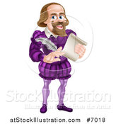 Vector Illustration of a Cartoon Full Length Happy William Shakespeare Holding a Scroll and Feather Quill by AtStockIllustration