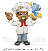 Vector Illustration of a Cartoon Full Length Happy Young Black Male Chef Holding a Fish Character and Chips on a Tray by AtStockIllustration