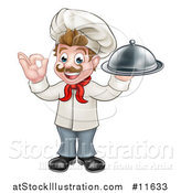 Vector Illustration of a Cartoon Full Length Happy Young White Male Chef Holding a Cloche Platter and Gesturing Perfect by AtStockIllustration