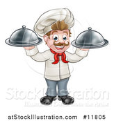 Vector Illustration of a Cartoon Full Length Happy Young White Male Chef Holding Cloche Platters by AtStockIllustration