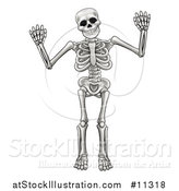 Vector Illustration of a Cartoon Grayscale Human Skeleton Holding up Both Hands by AtStockIllustration