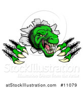 Vector Illustration of a Cartoon Green Tyrannosaurus Rex Dinosaur Slashing Through a Barrier by AtStockIllustration