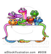 Vector Illustration of a Cartoon Group of Colorful Happy Snakes Around a Blank Sign by AtStockIllustration