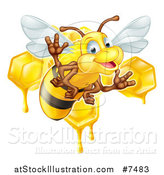 Vector Illustration of a Cartoon Happy Bee Flying Against Dripping Honeycombs by AtStockIllustration