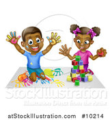 Vector Illustration of a Cartoon Happy Black Boy and Girl Kneeling and Finger Painting and Playing with Blocks by AtStockIllustration
