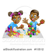 Vector Illustration of a Cartoon Happy Black Boy and Girl Kneeling and Painting and Playing with Blocks by AtStockIllustration