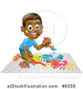 Vector Illustration of a Cartoon Happy Black Boy Kneeling and Painting Artwork by AtStockIllustration